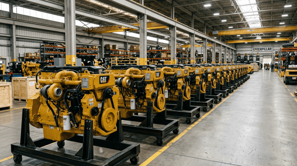 Multiple yellow Caterpillar engines on stands lined up inside a large factory warehouse