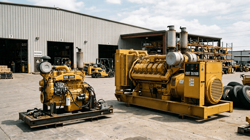 Yellow Caterpillar 3406 and 3516B engines outside warehouse